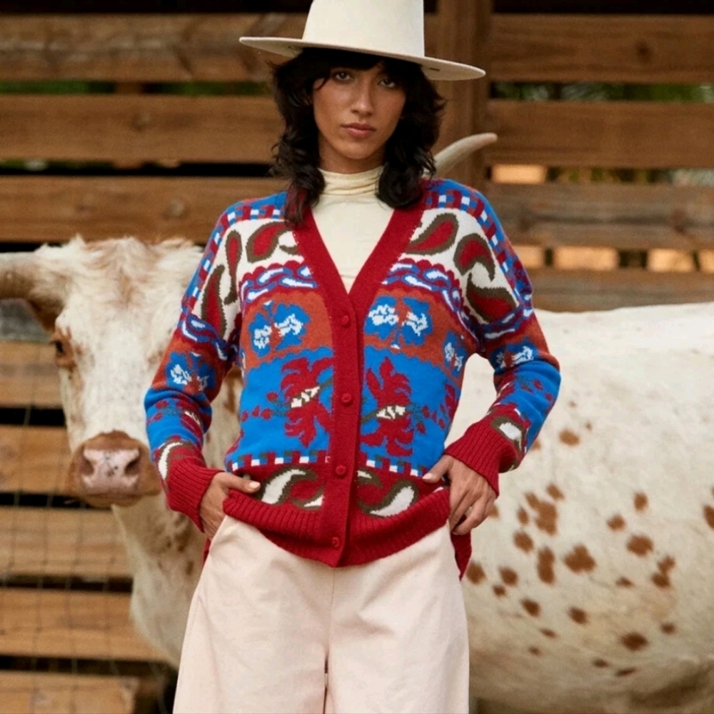 Vibrant Red and Blue Women's Cardigan